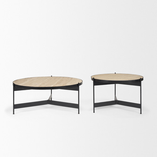 Set Of Two Beige and Black Stone and Iron Round Nested Coffee Tables