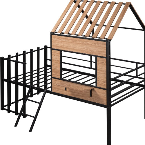 Black Four Poster Solid and Manufactured Wood And Metal Twin Loft Bed
