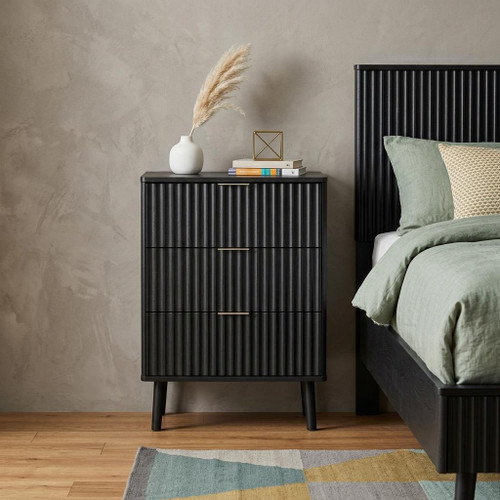 24" Black Wood Ribbed Texture And Mirrored Glass Two Drawer Nightstand
