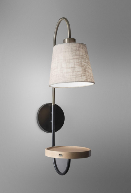Homeroots Lighting Antique Brass and Black Metal Wall Lamp with USB Charging Station and Wood Shelf