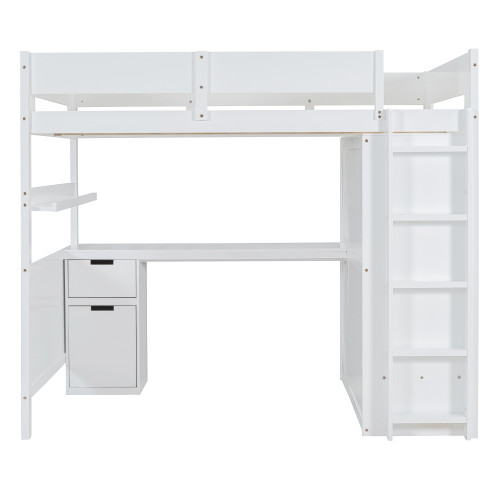 White Platform Wood Full Double Loft Bed with Desk and Shelves