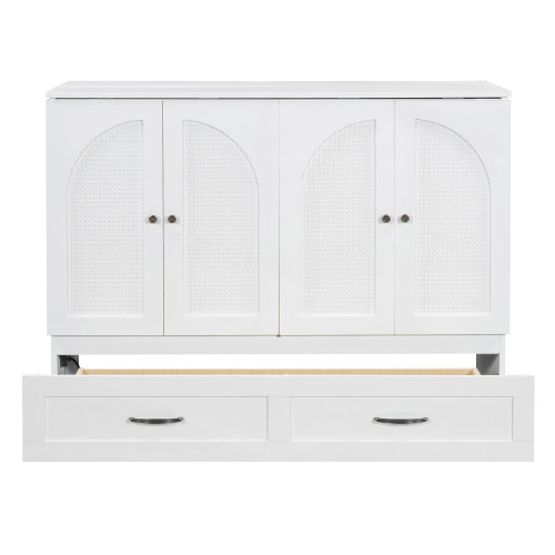White Wood Full Murphy Bed With Drawers