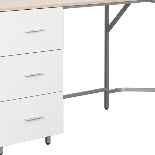 59" Sand Wood and Stainless Steel L Shape Computer Desk With Three Drawers
