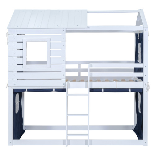 Blue Twin Over Twin Dollhouse Wood Bunk Bed