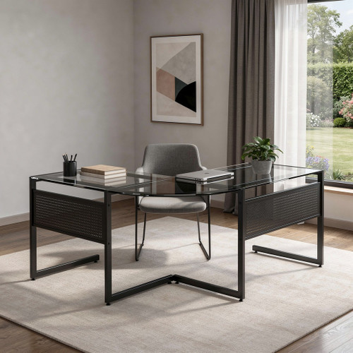 78" Clear and Black Glass and Steel Corner Computer Desk