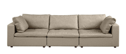 122" Beige Top Grain Leather Reclining Solid Wood Sofa