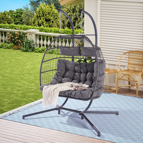 38" Light Gray And Black Faux Rattan Steel Outdoor Folding Egg Chair