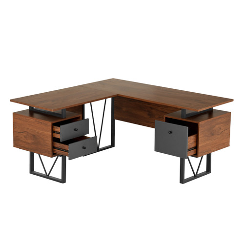 59" Walnut and Gray Wood and Stainless Steel L Shape Computer Desk