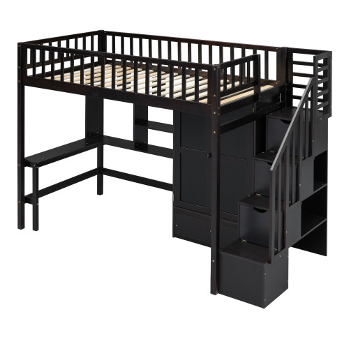 Espresso Four Poster Wood Twin Loft Bed with Desk and Shelves