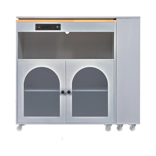 33" Gray Wood Barn Door Rolling Kitchen Island With Storage With USB