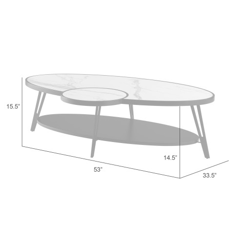 53" White and Black Sintered Stone and Iron Oval Coffee Table