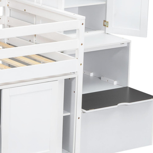 White Four Poster Wood Twin Loft Bed with Stairs and Desk and Shelves