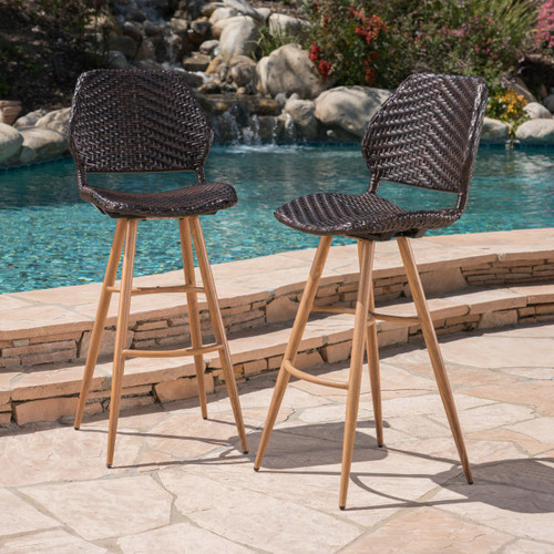 Set of Two 30" Brown Iron Outdoor Bar Height Chairs