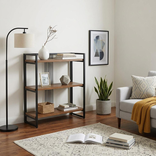 35" Brown Distressed Metal and Wood Three Tier Etagere Bookcase