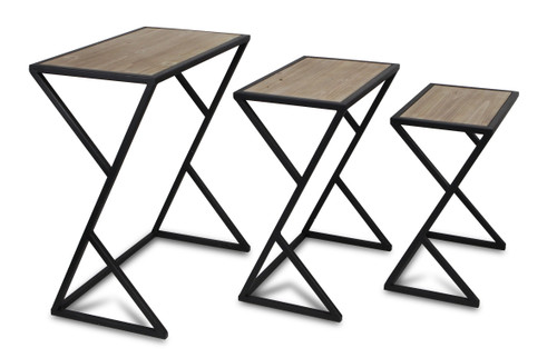 Set of Three Brown and Black Solid Wood and Steel Frame Nested Tables