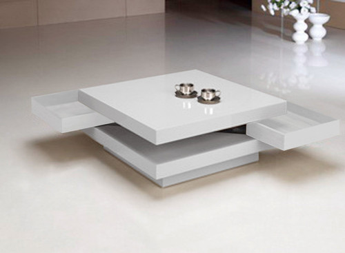 32" White Wood Square Solid Coffee Table With Two Drawers