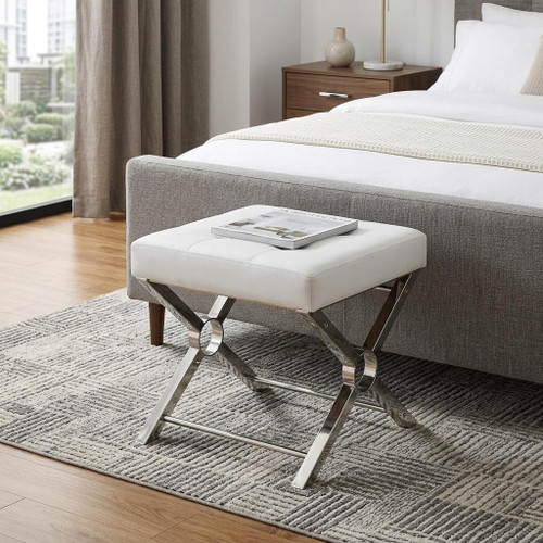 20" White and Silver Tufted Faux Leather and Metal Upholstered Bench