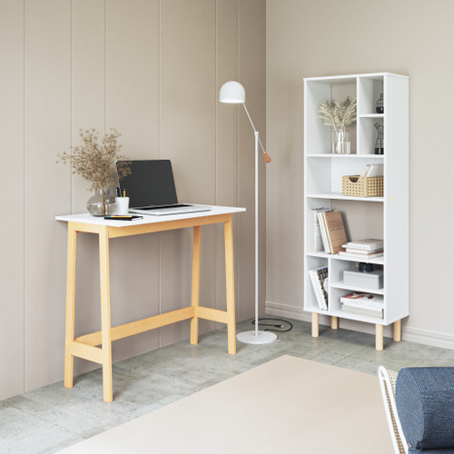 35" White and Brown Solid Manufactured Wood and Solid Wood H-Shape Writing Desk