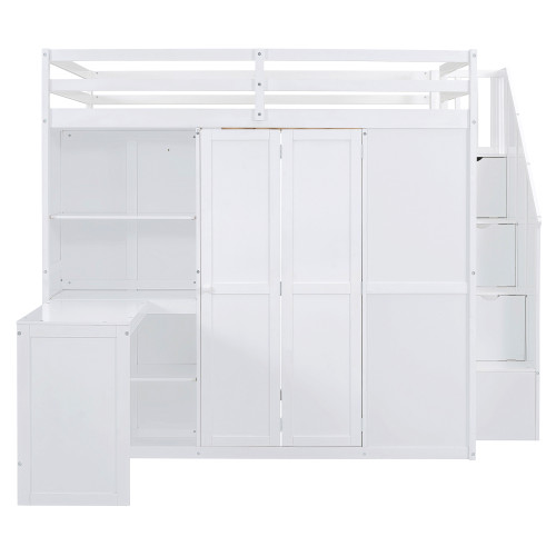 White Four Poster Wood Full Double Loft Bed with Stairs and Desk and Shelves
