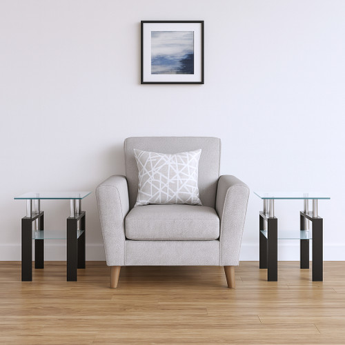 Clear and Black Glass and Metal Square End Tables With Shelf