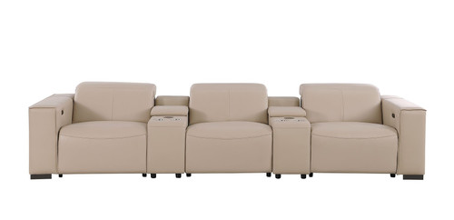 136" Beige Top Grain Leather Reclining USB Sofa And Storage