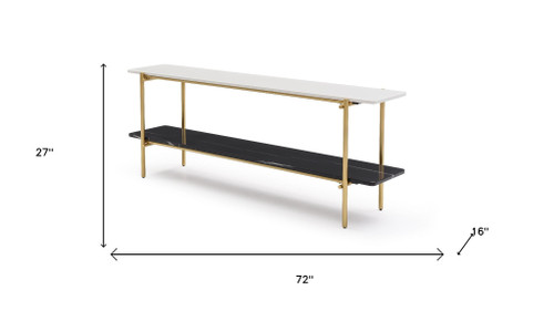 72" White and Gold Genuine Marble and Stone Console Table With Shelf