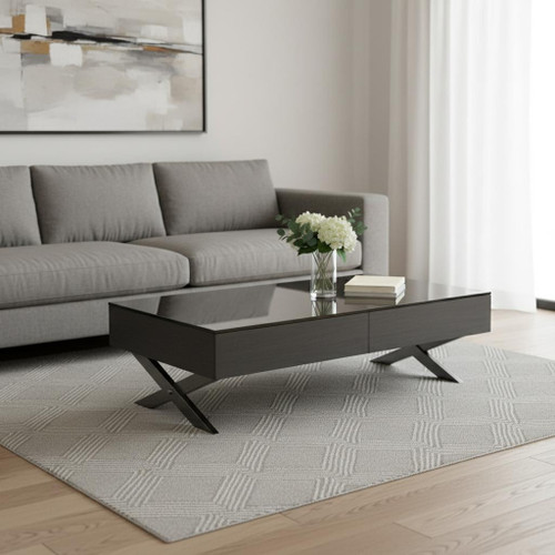 28" Gray And Silver Glass And Metal Mirrored Coffee Table With Two Drawers
