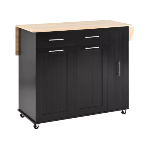 46" Black Wood Barn Door Rolling Kitchen Island With Storage