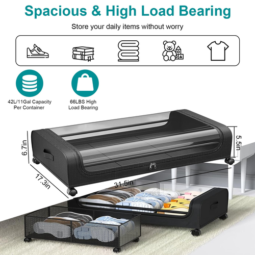 2Packs Under Bed Storage Containers Rolling Clothing Organizer