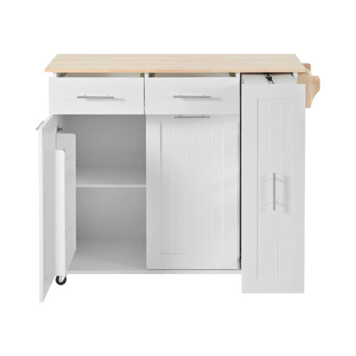 46" White Wood Barn Door Rolling Kitchen Island With Storage