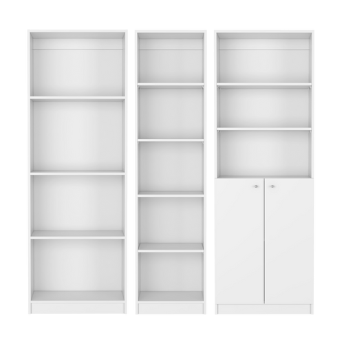 Set of Three White Wood Twelve Tier Modular Bookcase with Two Doors