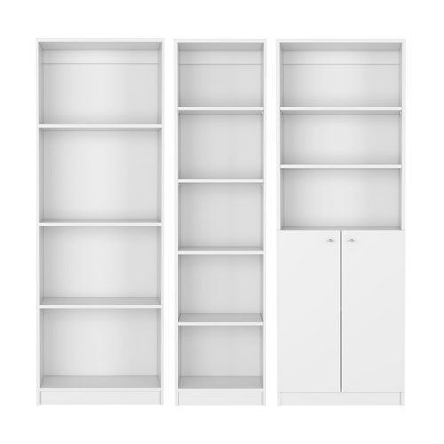Set of Three White Wood Twelve Tier Modular Bookcase with Two Doors