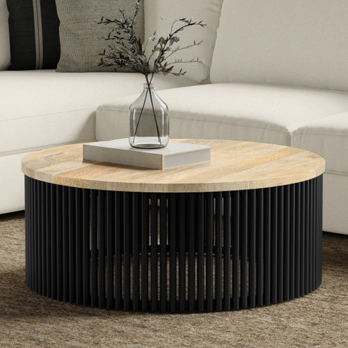 35" Natural and Black Solid Wood and Iron Round Drum Coffee Table