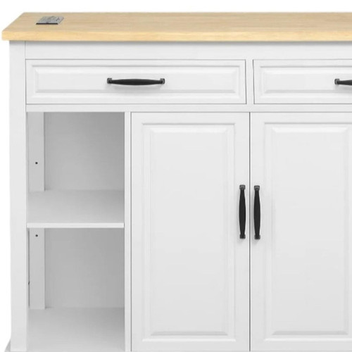 47" White Wood Barn Door Rolling Kitchen Island With Storage With USB