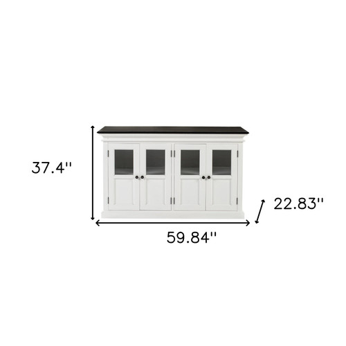 60" White And Black Solid Wood Paneled Buffet Table with Four Glass Doors
