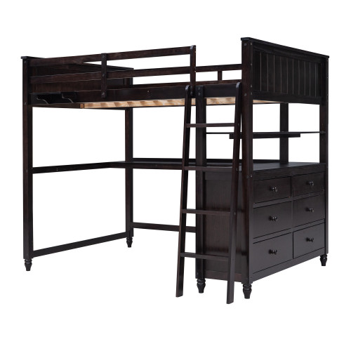 Espresso Slat Solid Wood Full Double Loft Bed With Desk And Drawers And Drawers,Shelves