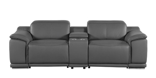 107" Dark Gray and Silver Italian Leather Power Reclining Loveseat With Storage