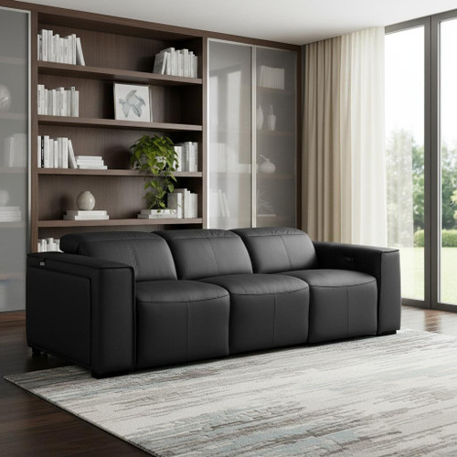 104" Black Top Grain Leather Reclining Metal USB Sofa