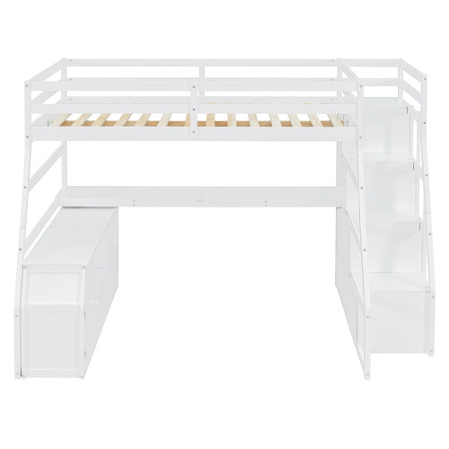 White Four Poster Wood Full Double Loft Bed with Stairs and Desk and Shelves