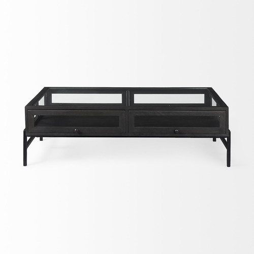 50" Clear and Black Mirrored Glass and Iron Frame Coffee Table