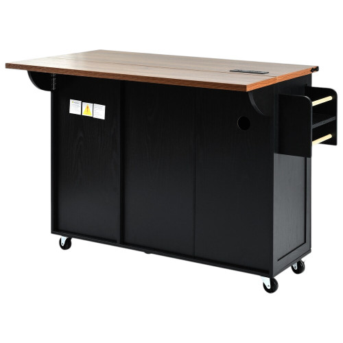55" Black Wood Barn Door Rolling Kitchen Island With USB