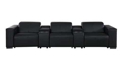 136" Black Top Grain Leather Reclining USB Sofa And Storage