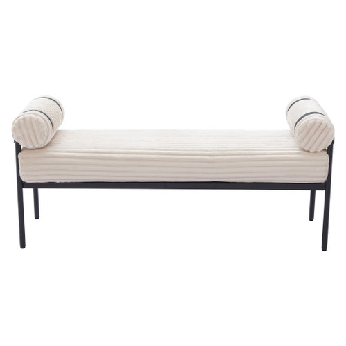 55" Cream and Black Corduroy and Steel Upholstered Bench