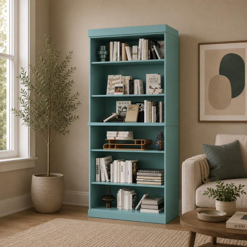 72" Aqua Solid Wood Adjustable Six Tier Library Bookcase