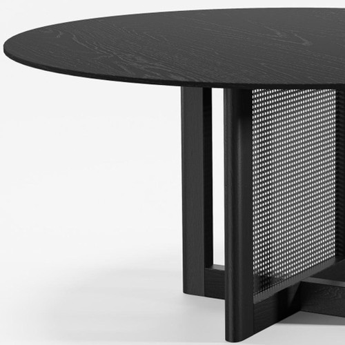 60" Black Solid Wood and Rattan Cross Leg Base Round Top Dining Table