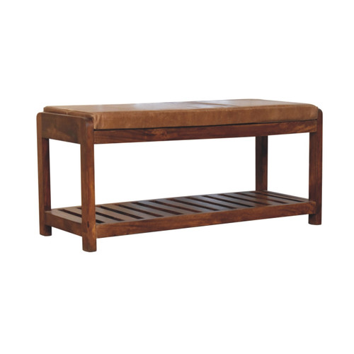 35" Brown Genuine Leather and Solid Wood Upholstered Storage Bench With Shelves