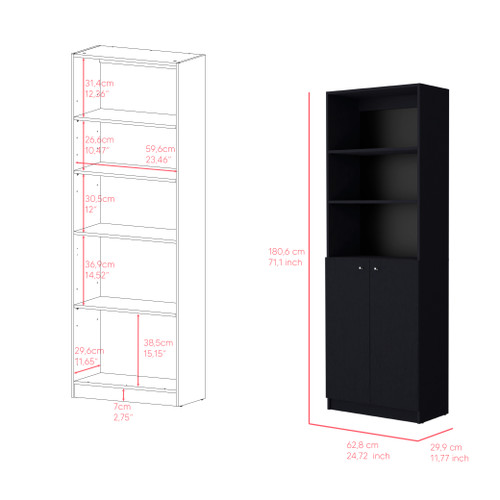 71" Black Wood Five Tier Bookcase with Two Doors