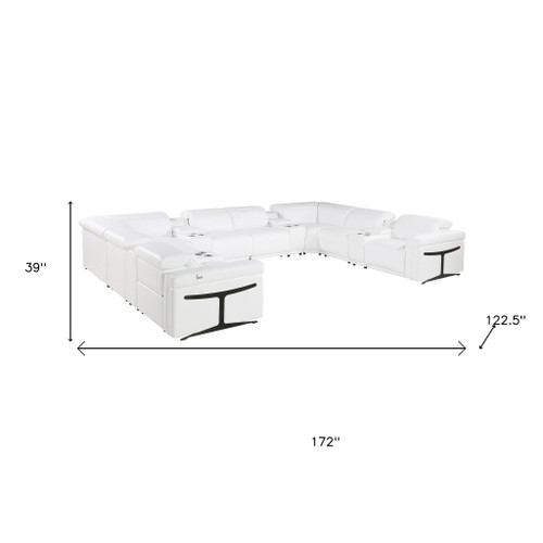 White Italian Leather Power Reclining U Shaped Twelve Piece Corner Sectional With Console