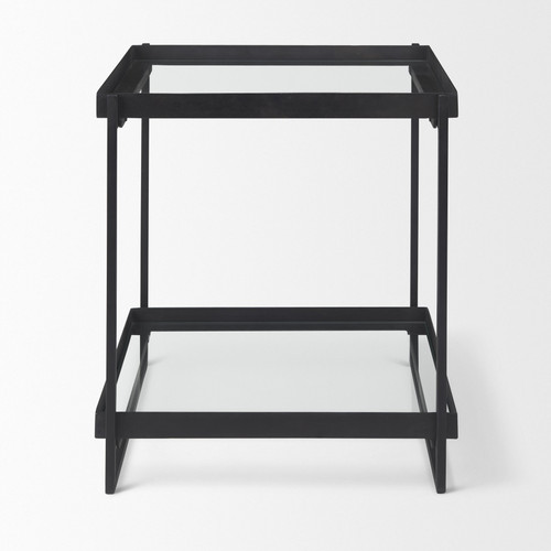 24" Claret and Black Mirrored Glass and Iron Square Sled End Table With Two Shelves