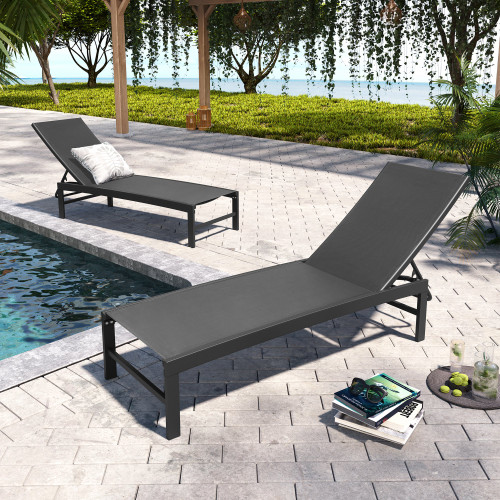 Set of Two Black Aluminum Six Position Adjustable Outdoor Chaise Lounges